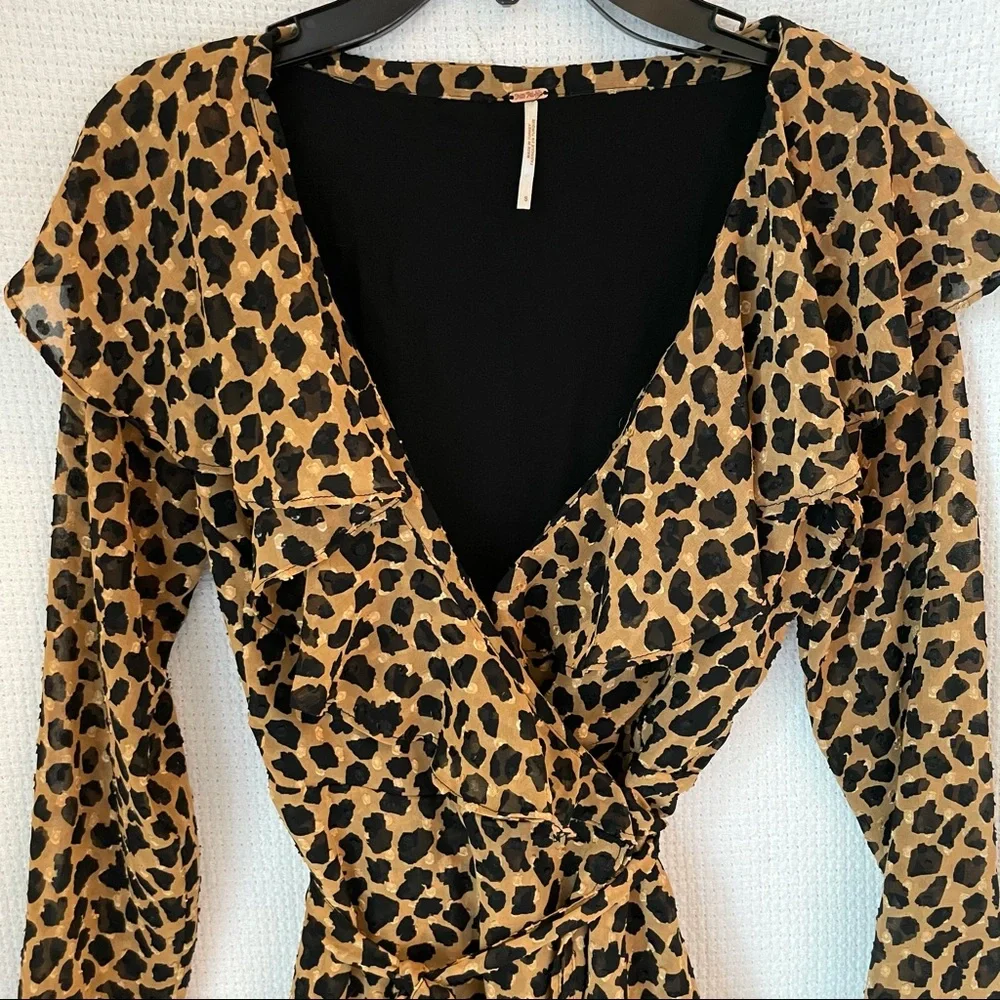 Free People Leopard Long Sleeve Boho Wrap Mini Dress w/ Ruffle V-Neck Collar